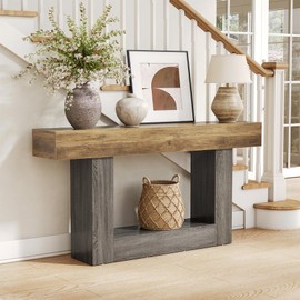 LITTLE TREE 63 Inches Long Console Table, 2-Tier Farmhouse Sofa Table Behind Couch, Large Narrow Entryway Table for Living Room, Wooden Hallway Foyer Table with Heavy Duty Base, Rustic Brown and Grey