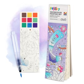 Festicy Watercolour Colouring Book with Water Tank Brush, 25 Pages with Watercolours for Children and Adults on the Go, Watercolour Painting Book, Watercolour Drawings, Gouache, Colouring Book