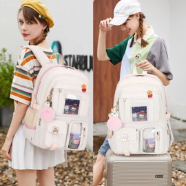 Laptop Backpacks 16 Inch School Bag College Backpack Large Travel Daypack Kawaii Bookbags for Teens Girls Women Students (Off-white)