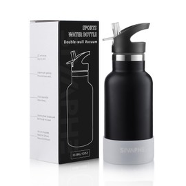 Sivaphe 12oz Water Bottle with Straws and 2 Lids, Stainless Steel Insulated Small Water Bottle for School Boys (Black)