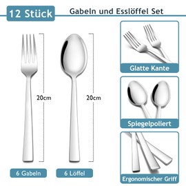 Forks and Spoons Set, Herogo 12 Pieces Stainless Steel Table Spoons and Table Forks, Silver Cutlery Set for Home/Restaurant, 6 Tablespoons and 6 Forks, Healthy & Durable, Dishwasher Safe