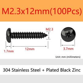 ORANXIN M2.3 x 12 mm, 100 pieces, round head wood screws, 304 stainless steel, black zinc plated, self-tapping Phillips pan head, self-drilling screws