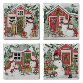 Thirstystone Snowman's Farmhouse 4-Pack Tumbled Tile Stone Coasters with Protective Cork Backing Manufactured in The USA