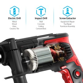Hammer Drill 850W Impact Drill 1/2-Inch 7 Amp Corded with Variable Speed 0-3000RPM, Hammer and Drill 2 Functions in 1 for Steel, Concrete, Drilling Wood, Plastic Drilling