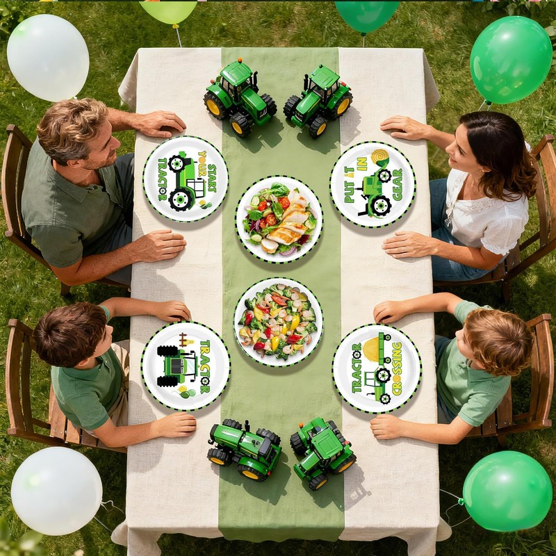 60Pcs Tractor Paper Plates 9" Green Cartoon Tractor Heavy Duty