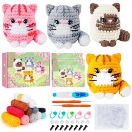 Crochet Kit for Beginners, Crochet Starter Kit for Kids and Adults, Can Make 4 Cats, Step-by-Step Video Tutorials, Knitting Accessories, Gift Box Birthday(Cat)