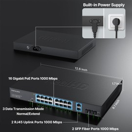 16 Port Full Gigabit PoE Switch with 2 *Gigabit SFP Ports & RJ45 Ports, Unmanaged Plug and Play, High Power Total Budget 300W, 802.3af/at Compliant, Fanless & Slience, Metal Housing, Rack Mount