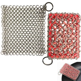2PCS Cast Iron Scrubber, Stainless Steel Silicone Core Skillet Chainmail Scrubber Brush for Cleaning Pans, Cookware, Cups