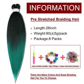 Pre-Stretched Braiding Hair Extensions Ombre Black to Green - 26 inch 8 Packs Synthetic Crochet Braids, Hot Water Setting Professional Soft Yaki Texture (26inch,#1B/Green)