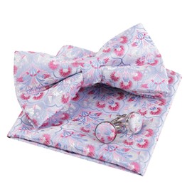 Alizeal Mens Floral Pre-tied Bow Tie, Pocket Square and Cufflinks for Wedding Party Business 3pc Set, Light Blue+Hot Pink