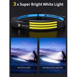 Smiling Shark LED Headlamp, 230°Wide Angle 3*White Light 2 Pack The Brightest Head Lamp Rechargeable Waterproof Headlight for Camping Hiking Outdoor, Head-Lamp-LED-Frontale-Light
