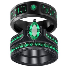 ringheart His and Her Couple Rings Black Matching Ring 1.5ct Green CZ Women Wedding Ring Sets for Him and Her, Metal crystal rhinestone stone, Cubic Zirconia