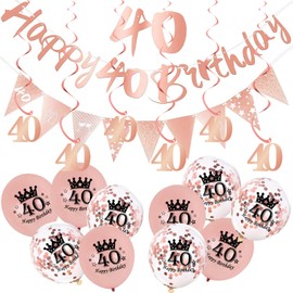 18Pcs Rose Gold 40th Birthday Decorations for Her,Women,40th Birthday Banner Triangle Flag Bunting Rose Gold Foil 40 Hanging Swirls,40th Birthday Balloons for Women Birthday Party Decoration Pack