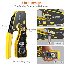 Proster RJ45 Crimp Tool Set All-in-one RJ45 Crimping Tool Kit with 50 PCS CAT6 Pass Through Connectors 50 PCS RJ45 Cat6 Protection Covers RJ45 Pass Through Crimp Tool-Yellow