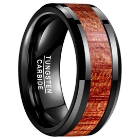 GALANI 10mm Men's Women's Wedding Band Black Tungsten Rings with Koa Wood Inlay Unisex Promise Ring Couple Ring Friends ring Size Q