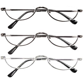 REAVEE 3-Pack Retro Designer Alloy Half Moon Reading Glasses Women Men Half Frame Spring Hinge Stylish Slim Reader with Pouch,Black,Grey and Silver,1.5
