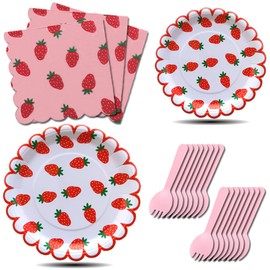 64 Piece Strawberry Party Cutlery Set Strawberry Birthday Party Table Decoration Supplies Summer Fruit Party Pack Strawberry Fruit Paper Plate Napkins Fork Red Strawberry Paper Plate 16 People