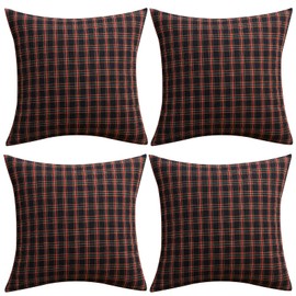 Qelus Christmas Cushion Covers set of 4, Tartan Scottish Throw Pillow Cases, Plaid Check Pillow Covers 45 x 45 cm, Soft Cotton Polyester for Car Sofa Bedroom Xmas Decoration, 18x18 Inch, Red Black