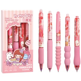 MOZXIRZ 5 Pcs Erasable Gel Pens Cute Retractable Pens Cartoon Pink Girl Writing Pen 0.5mm Blue Ink Erasable Pen for Women Girls Boys Kids Office School Supplies (Pink Girl-Blue Ink)