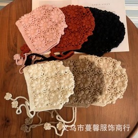 Autumn/Winter Baby Girl's Knitted Bonnet with Ear Protection and Flower Design 45-50cm/Camel 3ea