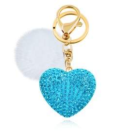 Tobestu Sparkly Rhinestone Heart Keychain Car Keyrings Pompom Ball Charms Accessories for Handbag Wallet Purse Y2273 (Blue)