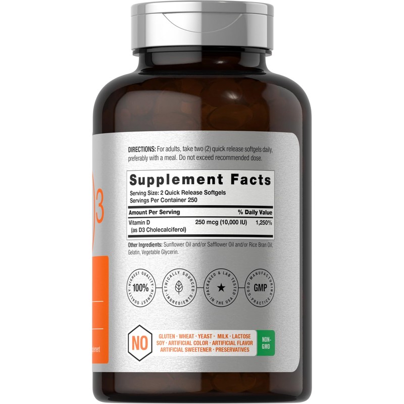 Horbäach Vitamin D3 10000 IU | 500 Softgels | Non-GMO,
