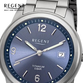 REGENT Men's Watch with Titanium Link Bracelet and Titanium Case 36 mm Diameter Quartz Arabic Numbers Date, blue, Bracelet