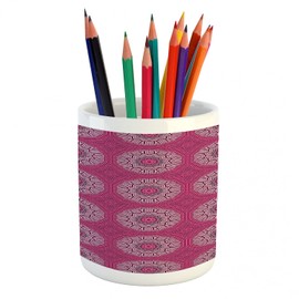 Ambesonne Floral Boho Pencil Pen Holder, Optical Illusion Maze Like Mandala Shape Geometric Repeated Pattern, Ceramic Pencil Holder for Desk Office Accessory, 3.6" X 3.2", Pink and Pale Mauve