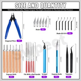Swpeet 19Pcs Deburring Tool with 6Pcs Needle Files, Diagonal Cutting Pliers, and 11Pcs Extra High Speed Steel Blades Assortment Kit for Resin Aluminum 3D Art﻿
