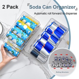 2 PCS Soda Can Organizer for Refrigerator & Pantry, Double Space Saving Auto-Rolling Stacking Can Dispenser, Fits Skinny/Standard/Tall Cans, Clear Fridge Can Holder Storage for Kitchen, Office