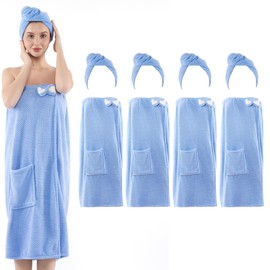 AUECOOME Spa Robe Bath wrap Towels for Women and Hair Drying Towel Waffle Spa Wraps with Pocket Adjustable Closure Lightweight Towel Wraps for Bath Shower (4, Blue)