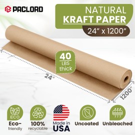 Paclord 24" x 1200" (100 ft) Natural Kraft Paper Roll – Non-Toxic, Odorless, 100% Recyclable Packing Paper, Brown Wrapping Paper for Shipping, Packaging, Crafting & Gift Wrapping
