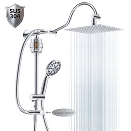 Hibbent All Metal 10'' Filtered Rainfall Shower Head Combo for Easy Reach, High Pressure Shower Head System, Handheld Showerhead, Adjustable Holder, 18'' Extension Arm, Shower Filter, 7-spray, Chrome