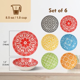 Ceramic Cat Dishes for Food - Colorful Cute Cat Bowl Set of 6 - Wide, Shallow, Whisker Friendly - Microwave and Dishwasher Safe - 8.5 oz - 5.75 inch