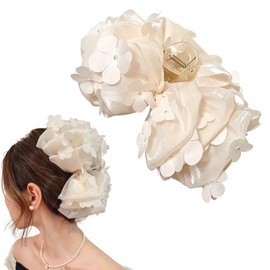 Rannyrena Large Floral Hair Claw Clip for Women Chiffon Tulle Organza Bow Barrette Strong Hold for Thick Thin Long Hair Bridal Wedding Hair Accessory (White)