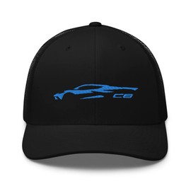 2024 C8 Outline Silhouette Rapid Blue 8th Gen Mid Engine Corvette Trucker Cap Adjustable Snap Hat