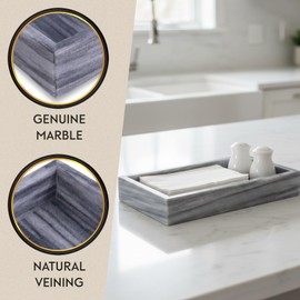 Bey-Berk Ezra Carrera Genuine Marble Guest Towel Tray (Grey), 9" x 5.75" Bathroom Counter Organizer, Sculpted Marble Luxury Accent