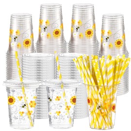 Funnymoom 50 Sets Bee Theme Party Supplies Honey Bee Plastic Cups with Lids and Straws 16 oz Clear Bee Disposable Drinking Cups Bulk for Bee Theme Party Favors Birthday Baby Shower Party Supplies