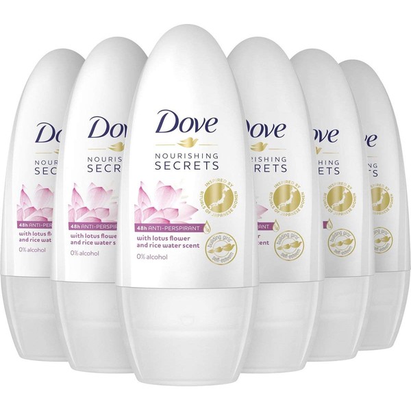 DOVE Lotus Flower Rice Water Women's Deodorant Roll-On Deodorant Pack of 6 x 50 ml