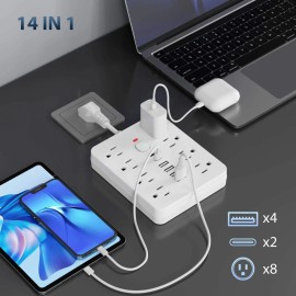 Surge Protector Power Strip 8 Outlets 4 USB 2 Type C Ports Multi Extender Space