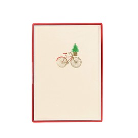 Graphique Bike with Basket Cards | Pack of 15 Cards with Envelopes | Christmas Greetings | La Petite Noel Collection | Embossing and Gold Foil Accents | Boxed Set | 3.25" x 4.75"