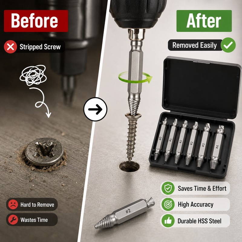 6-Piece Screw Extractor Set for Damaged Fasteners – HSS Double-Ended