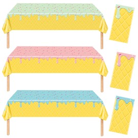 3 Pack Ice Cream Themed Party Tablecover Decoration, Disposable Plastic Rectangular Tablecloth, Sweet Birthday Party Supply Decor for Kids Girls Boys Baby Shower, 54 x 108 Inches
