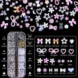 Cynailli 3D Nail Charms Set, Pink Color White Flower Butterfly Nail Bow Charms for Nails Art, Half Round Pearl+Flatback Gems AB+ Heart Star Pearls Nail Art Charms for Nail Supplies DIY Accessories