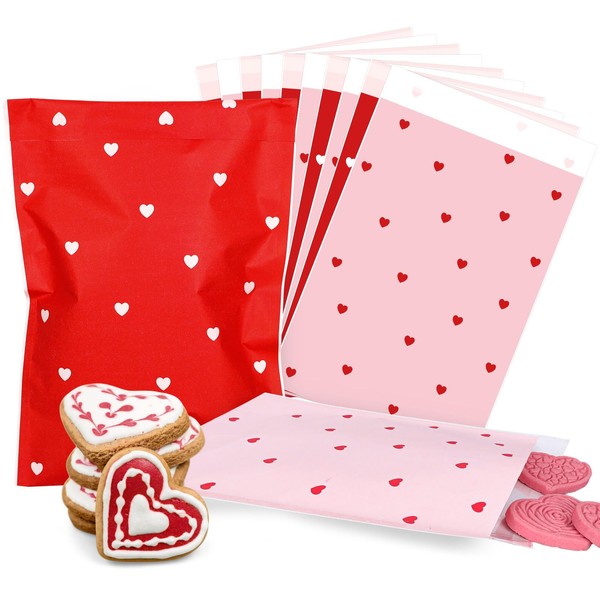 Whaline - 100 bolsas de regalo para el día de San Valentín, color rojo y rosa, bolsas de regalo de papel autoadhesivas, bonitas impresiones de corazón, bolsas de dulces y galletas para bodas, día de la madre, suministros para fiestas