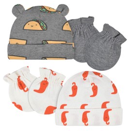 4-Piece Baby Neutral Tacos & Peppers Caps & No Scratch Mittens Set