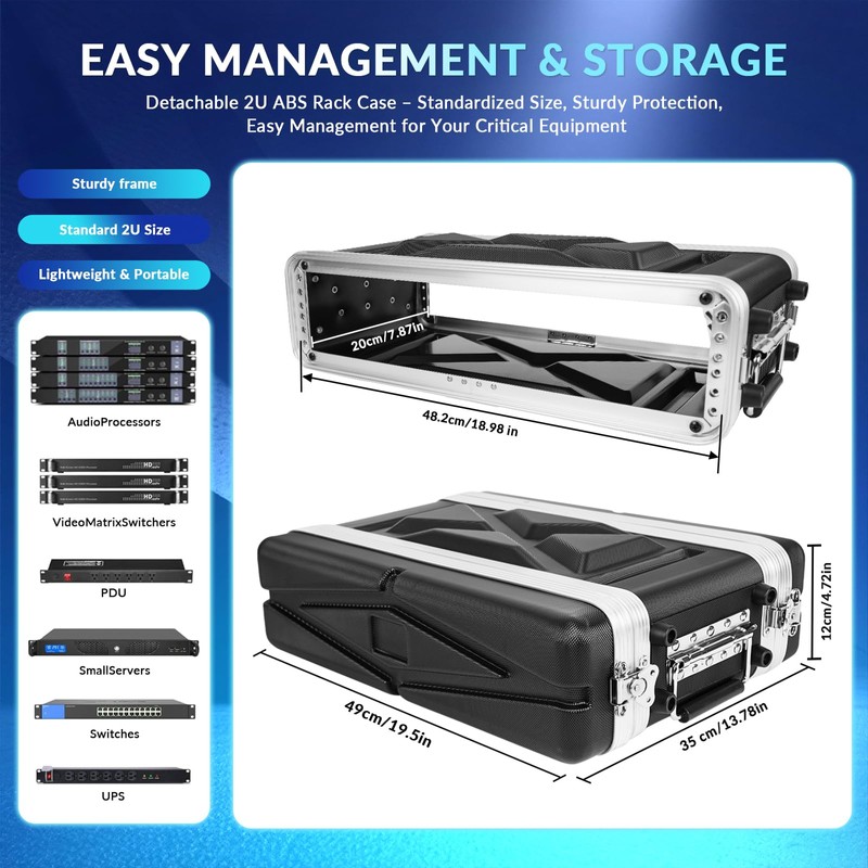 MUZNOTE 2U ABS Rack Case Shallow 8" Depth, 19" Rackmount