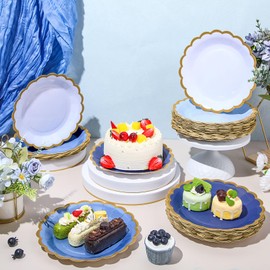 Tiangrid 60 Pcs Paper Party Plates 9 Inch Scalloped Disposable Dessert Plates for Valentines Coquette Bridal Pink Bow Gender Reveal Wedding Birthday Baby Shower Party Supplies (Gradient Blue)