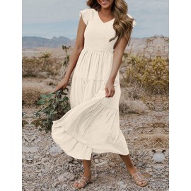 MEROKEETY Women's Flutter Sleeve Smocked Midi Dress V Neck Casual Tiered Dresses with Pockets, Beige, L