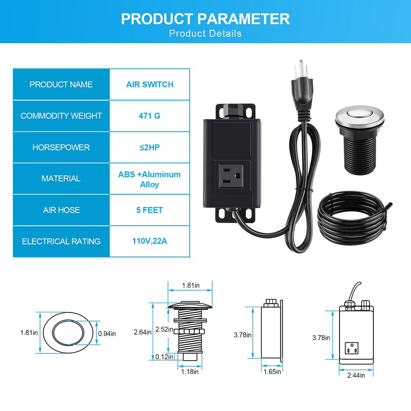 Garbage Disposal Air Switch Kit with Power Cord Kit, Sink